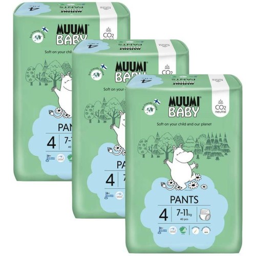 MUUMI Baby Pants 4 Maxi 7-11 kg (120 ks), měsíční balení kalhotkových eko plen