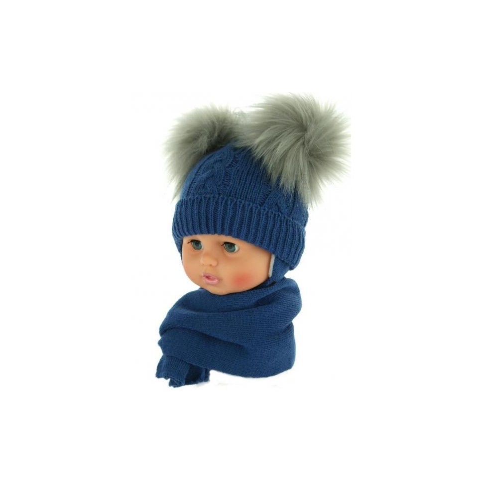 BABY NELLYS Zimní čepička s šálou - chlupáčkové bambulky - tm. modrá, 0/4měsíců